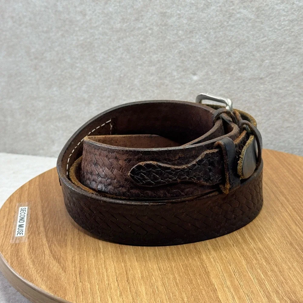Distressed Leather Woven Embossed Belt‎ Silver Buckle Brown Well Worn Size 50